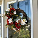 Burnt Orange Sunflower Fall Wreath, White Peony Autumn Wreath, Wild Fall Wreath, Fall Porch Decor, Fall Grapevine Wreath with Blueberries