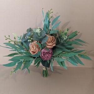 Greenery Bridal Bouquet/Rustic Boho Flower Bouquet/Diamond Roses and Eucalyptus/ Willow Greenery/Classic Wedding pink Peony Bouquet