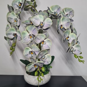 Faux Grey Shade Orchid Arrangement, real touch feel technology, orchids flowers in white bowl