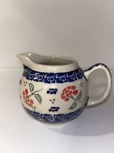 Boleslawiec Polish Pottery Creamer #741 Red Carnations Green Leaves Blue Border