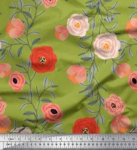 Soimoi Green Velvet Fabric Leaves & Ranunculus Floral Print Fabric-RBt
