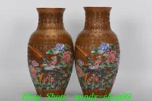 Qianlong Marked Colour Enamel Porcelain Gold Peony Flower Bird Bottle Vase Pair