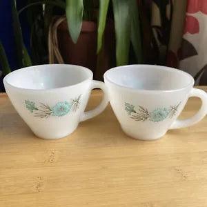 Fire King Bonnie Blue Flower Carnation Vintage Milk Glass Coffee Cups Set Of 2