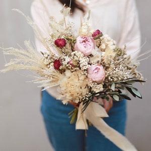 Preserved Pink Peony and Olive leaves Bridal Bouquet/  White hydrangea / Dried flowers/ Wedding flowers / Bridesmaids gift / Babies Breath
