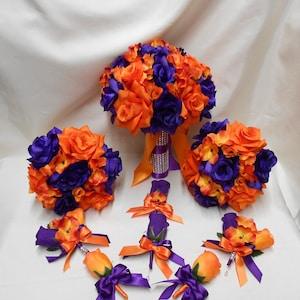 Wedding  Silk Flower Bridal Bouquets Package Purple Orange Roses Toss Bridesmaids  Boutonniere Corsages Centerpiece Garland  New