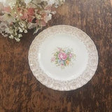 Georgian China ROSALIE Dinner Plates, 10 Inch, Set of 2, Pink Rose Floral Bouquet Center, Gold Floral Chintz Filigree on Rim, Made in USA