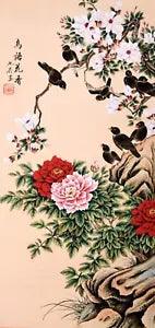 ORIENTAL ASIAN ART CHINESE FAMOUS WATERCOLOR PAINTING-Happy birds&peony flowers