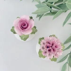 Denton Vintage Fine Bone China Salt Pepper White Pink Capodimonte Rose Carnation