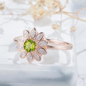 Unique Natural Peridot Sunflower Ring, Vintage Rose Gold Round Peridot and Marquise Moissanite Floral Wedding Ring, Engagement Promise Ring
