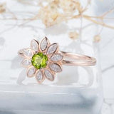 Unique Natural Peridot Sunflower Ring, Vintage Rose Gold Round Peridot and Marquise Moissanite Floral Wedding Ring, Engagement Promise Ring