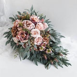 Cascading Wedding Bouquets Faux Silk Bridal Cascade Eucalyptus Weddings Bouquet Boho Rustic Style Blush Beige Dusty Pink Flowers Peony Rose