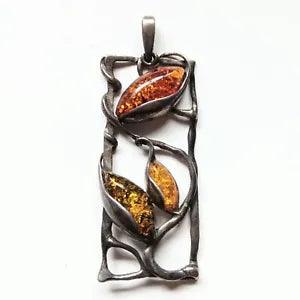 VTG 925 Sterling Silver Multi Color Mixed Amber Rectangle Calla Lily Pendant
