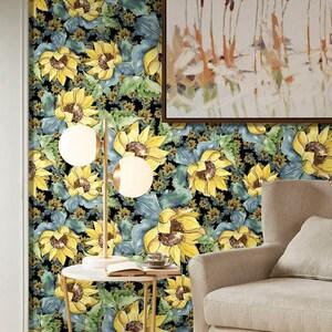 Fall  Sunflower Floral Stick on Peel and Stick Wallpaper Boho | Self Adhesive Wallpaper | Accent Wall Contact Paper Wall Decor