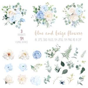 Dusty blue, ivory beige rose, white hydrangea, magnolia, peony, ranunculus, wedding flowers, greenery and eucalyptus, berry, juniper set.