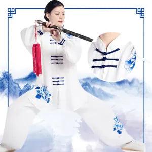 Unisex Tai Chi Uniform Top Pants Peony China Flower Martial Wing Chun Suit White