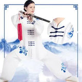 Unisex Tai Chi Uniform Top Pants Peony China Flower Martial Wing Chun Suit White