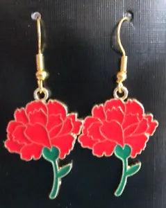Bright Red Carnation Flower Gold dangle/drop earrings
