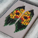 Sunflowers earrings Beaded dangle earrings Yellow flowers earrings Floral seed bead earrings Black Beadwork earrings Fringe bright earrings