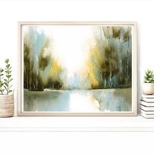 4x6 Peaceful Watercolor Print For Living Room, Small Wall Decor Watercolor, Landscape Painting, Contemporary Green Wall Art, Fine Art Giclee