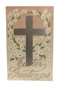 Antique Easter Postcard SILVER EMBOSSED Cross, White Peace Lily Garland