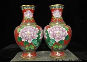 9" Chinese bronze Cloisonne Riches peony flower Zun Cup Bottle Pot Vase Jar pair