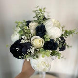 Navy Peony Wedding Flowers for Bride Blue Bouquet Satin Ribbon Ivory Lace Bride Accessory Artificial Silk Flowers for Bride Navy Wedding