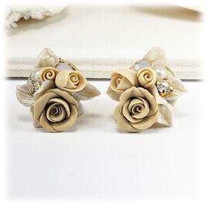 Cream Beige Rose Bouquet Formal Bridal Stud Earrings