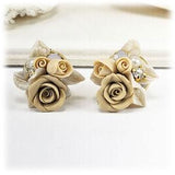 Cream Beige Rose Bouquet Formal Bridal Stud Earrings