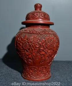 13.2" Ancient Chinese Red lacquerware Wood Dynasty Peony Flower Pot Can Jar