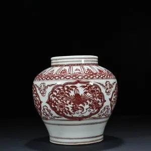 10" Antique Porcelain yuan dynasty Underglaze red peacock peony flower Jar pot