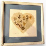 Vintage 90s SIGNED Art Dried Pressed Flowers Leaf Collage Wood Frame Heart