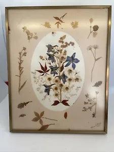 Vintage 1978 Pressed Floral Framed Picture w/ Real Flowers Gold Tone Frame 8x10???