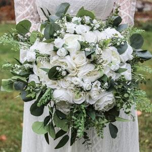 Large Wedding Bouquet Ivory White Greenery, Faux Boho Bridal Bouquet, Artificial Rose Peony Eucalyptus  Bouquet
