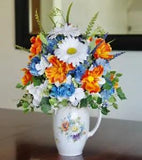1800's Germany Lusterware Coffee Pot with silk arrangement of Daisy and Cosmos