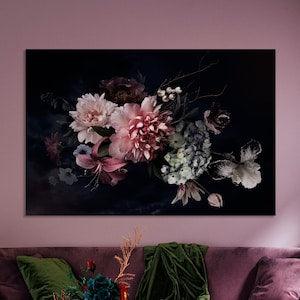 Flowers Canvas Print Floral Canvas Wall Art Floristic Painting Print Peony bouquet Botanical Print Peonies print Dark Floral wall art