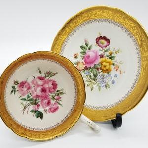 Foley mismatched teacup and saucer with pink roses, floral bouquet and heavy gold border