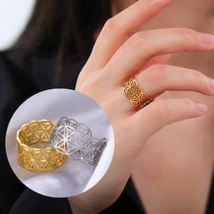 Geometric Religion Adjustable Flower of Life Stainless Steel Rings | Unique Jewelry Gift for Women