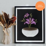 Printable White Vase with Orchid Flower by Ful?diMaggioPrints, Black Background, Botanical Illustration, Wall Home Decor