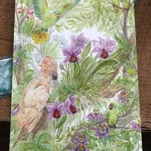parrot and orchids watercolor art print tropical jungle wall decor home decorating animals and plants flowers cockatoo bird art