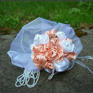 Eternal Satin wedding bouquet with white pearls, salmon colour for bride and corsage for groom, with butterfly and organza decoration - gift