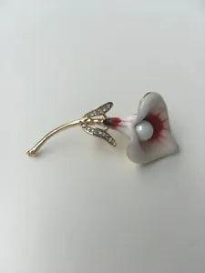Red White Enamelled Calla Lily Brooch Faux Pearl Rhinestones Long Stem Pin