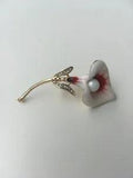 Red White Enamelled Calla Lily Brooch Faux Pearl Rhinestones Long Stem Pin