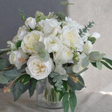 Ivory Cream Wedding Bouquet, Real Touch Artificial Roses, baby's breath, Dusty Millers, White Peony Bridesmaids Bouquets, Boutonnieres