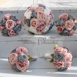 Dusty Rose, Grey and  Ivory Wedding Bouquet, Wedding Flowers, Bridesmaid Bouquets, Corsage, bridal Flower Package