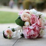 Silk touch Pink rose, Beige ranunculus, Light and Hot pink peony off-white hydrangea wedding bridal bouquet and boutonniere set