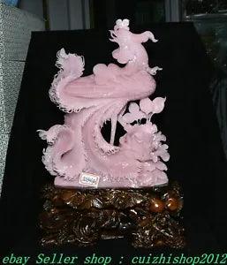 19" Exquisite China Natural Pink Xiu Jade Phoenix Bird Peony Flower Statue