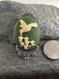 Hummingbird Green Cameo Brooch Pin LILY OF THE VALLEY FLOWERS Victorian Design