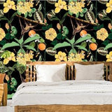 Wallpaper with yellow plants and flowers, monkey and chameleon | Peel & Stick | Self adhesive | Repositionable, Removable wallpaper