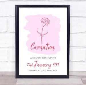 Pink Carnation January Flower Birthday Month Meaning Personalised Gift Print