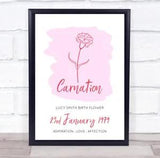 Pink Carnation January Flower Birthday Month Meaning Personalised Gift Print